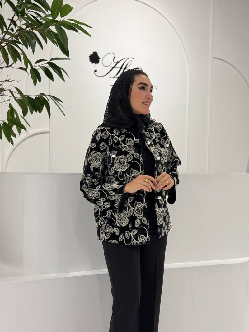 مانتو کتی مخمل گلدوزی دکمه صدفی کد 14003659 - تصویر 7